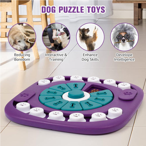 Dog puzzle toy with images of dogs and text on a wooden floor.