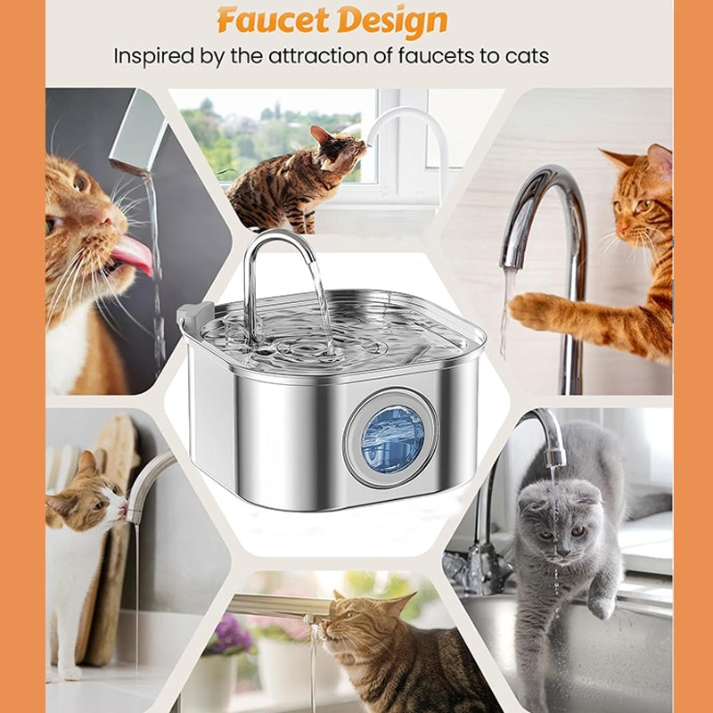 Collage of cats interacting with a stainless steel pet water fountain, inspired by faucet design.