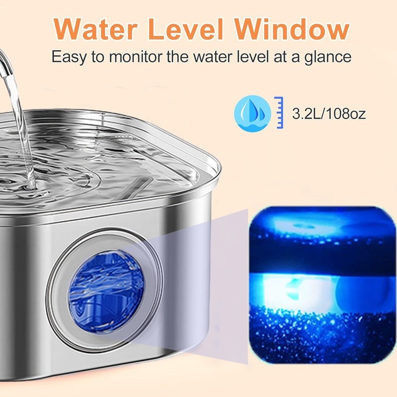 Metal can with water level window and blue indicator light, showing 3.2L/108oz capacity.