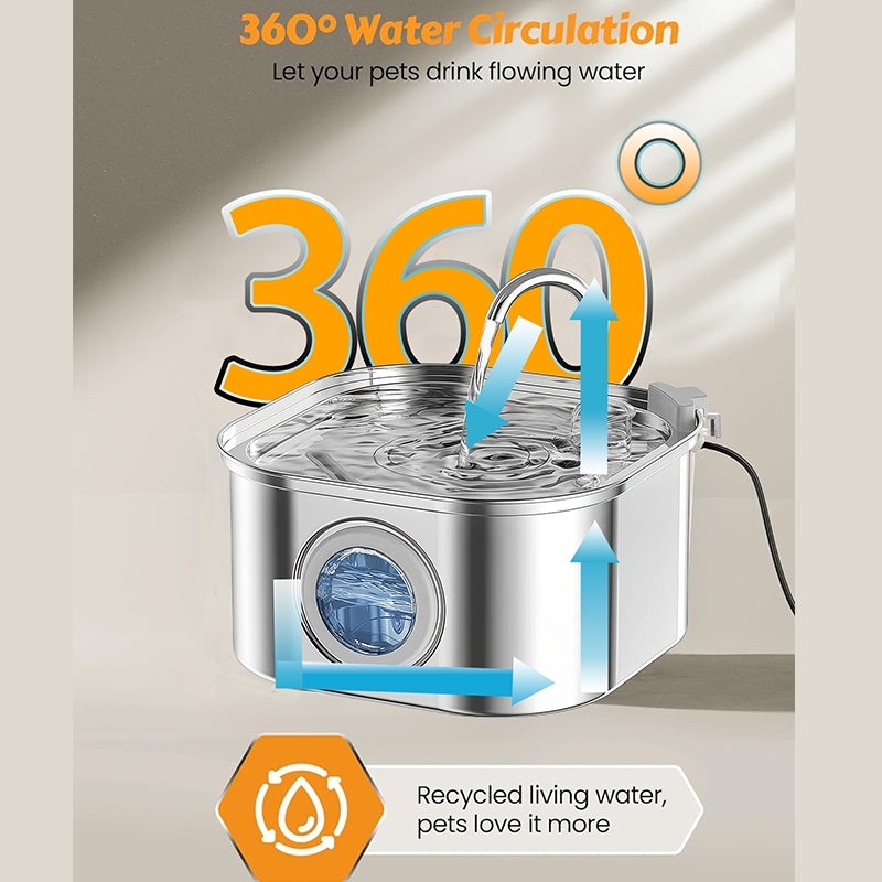 Pet water fountain with 360-degree water circulation feature on a beige background
