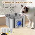 Cat drinking water from a large capacity pet fountain with features listed above.
