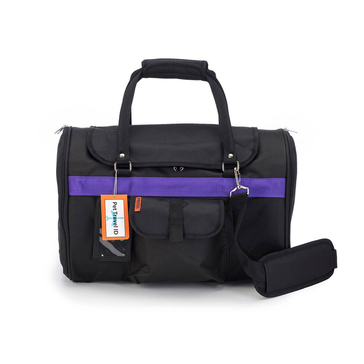 Black duffel bag with purple stripe on a white background