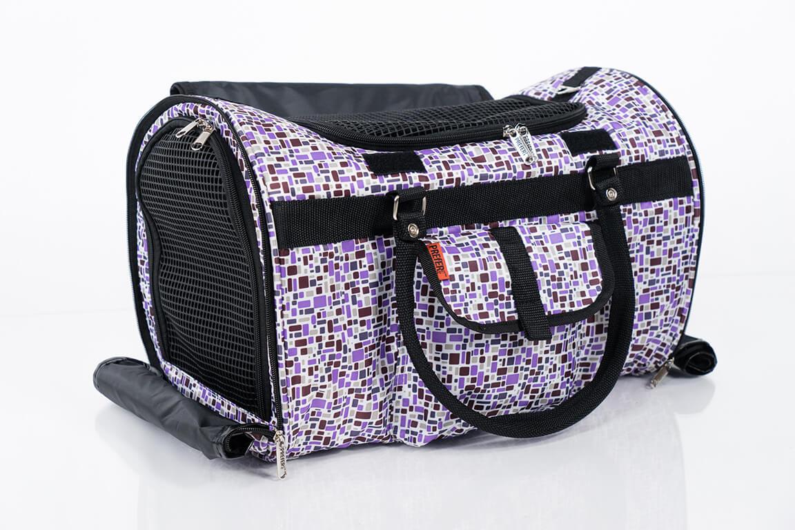 Pet carrier with purple and white geometric pattern on a white background