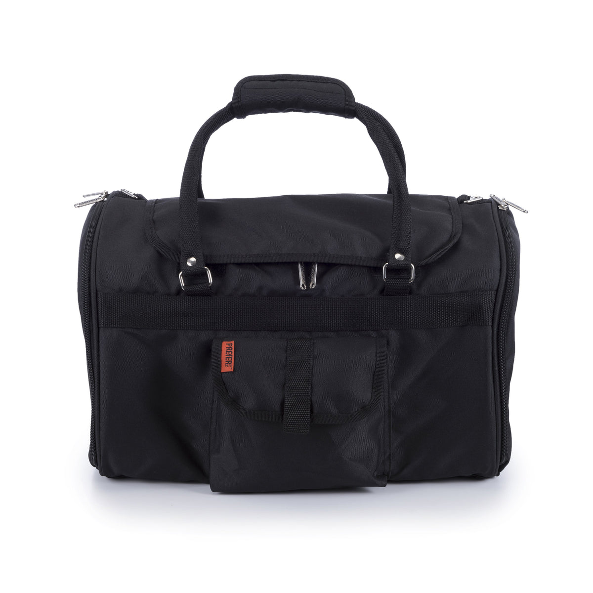 Black duffel bag with multiple zippers on a white background