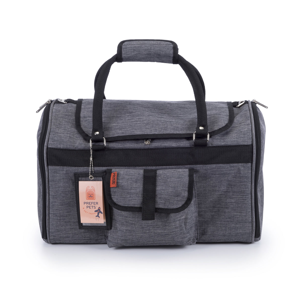 Gray pet carrier with black accents on a white background