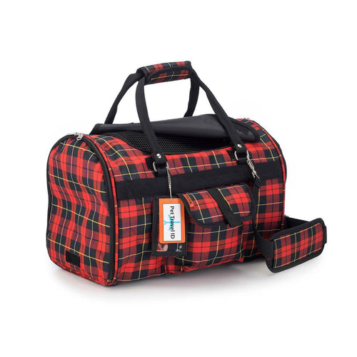 Red and black plaid pet carrier with a visible brand tag on a white background