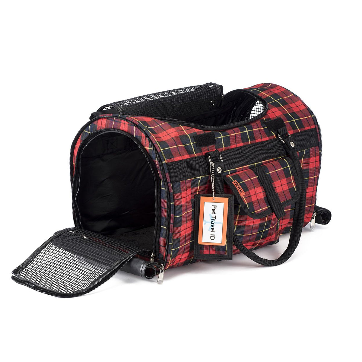 Red and black plaid pet carrier with a visible brand tag on a white background