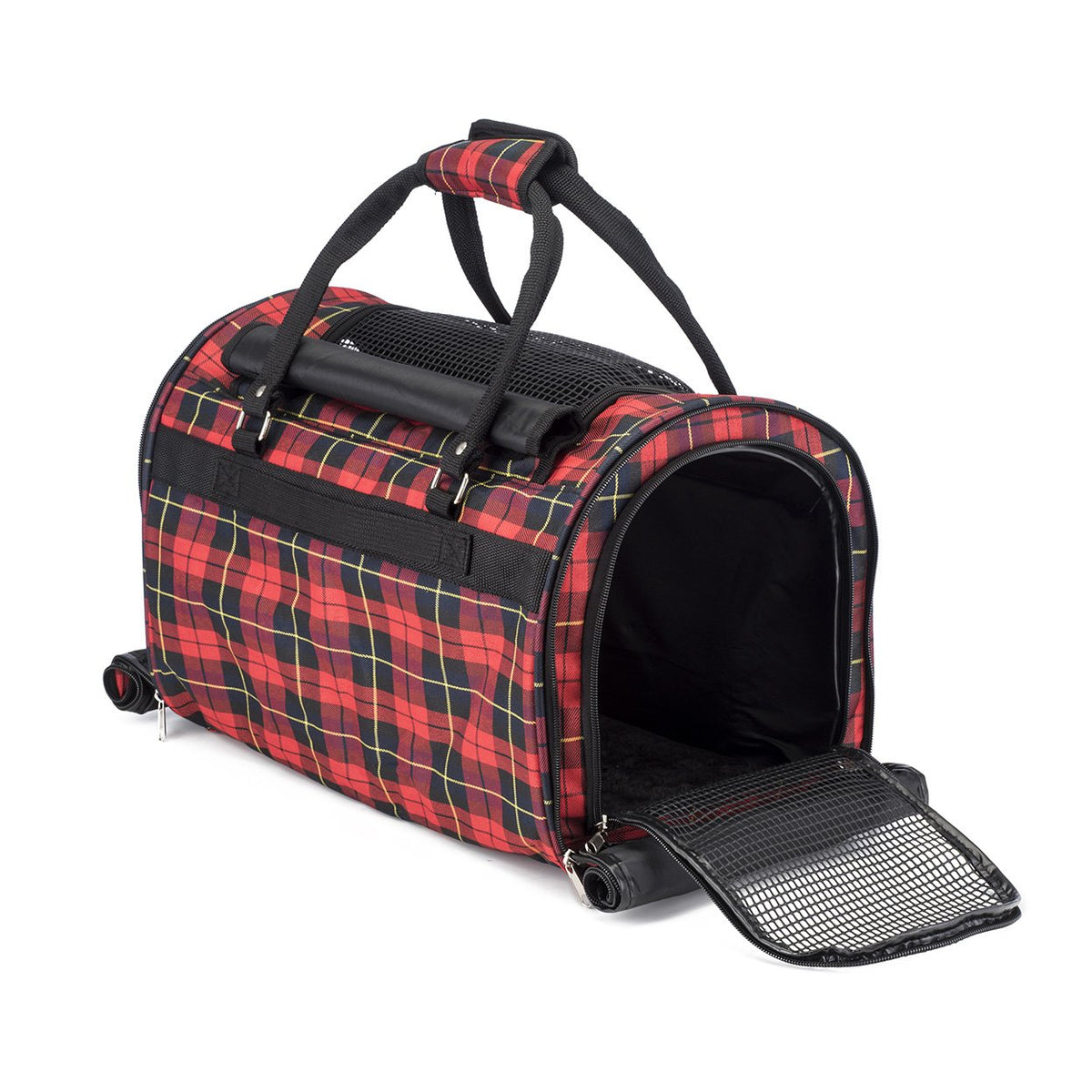 Red and black plaid pet carrier with open door on a white background
