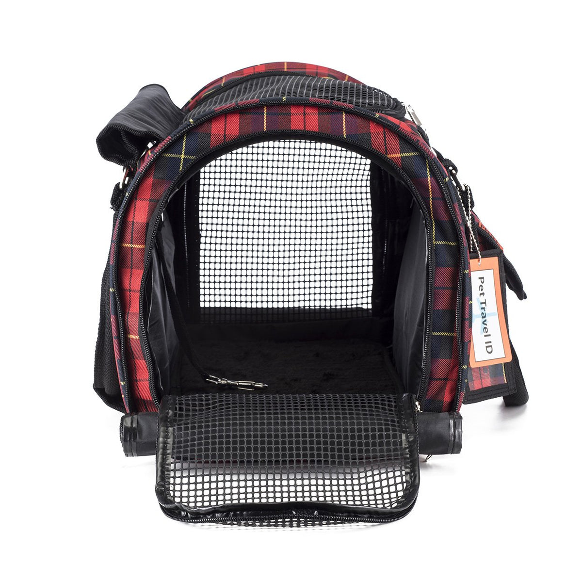 Pet carrier with plaid pattern on a white background