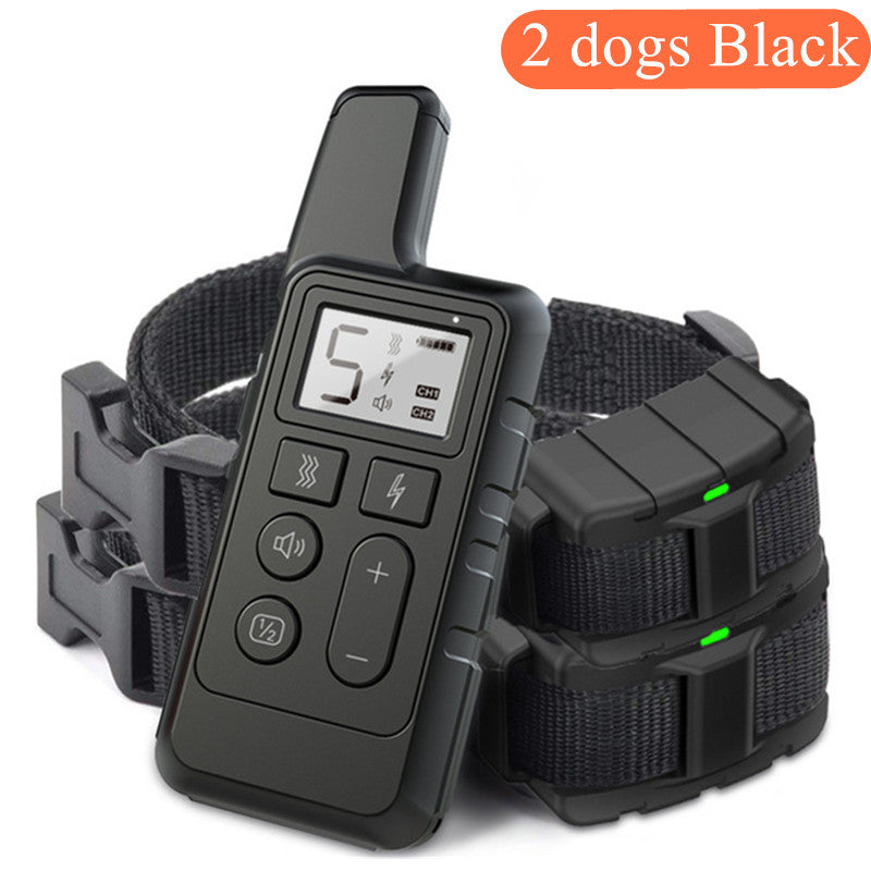 Black electronic dog training collar with remote control on a white background