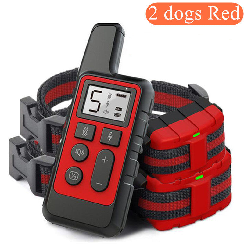 Red and black electronic dog training collar with remote control on a white background