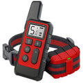 A red and black electronic pet collar remote control with a wrist strap and matching collar tag, shown on a clean white background.