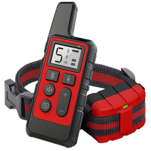 A red and black electronic pet collar remote control with a wrist strap and matching collar tag, shown on a clean white background.