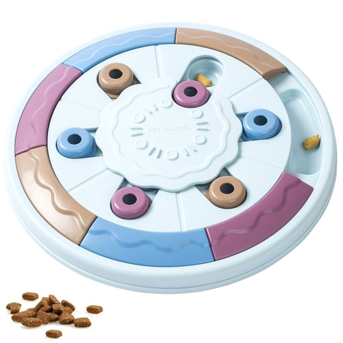 Colorful pet toy with treat dispensers on a white background