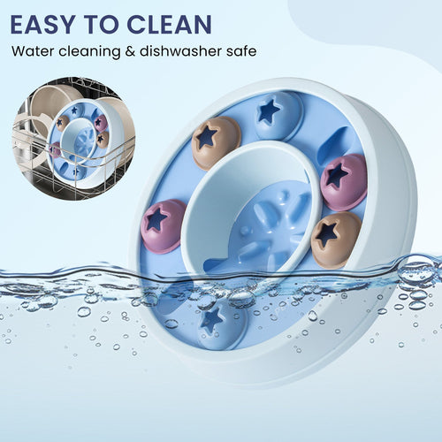 Product with water splashes and text indicating ease of cleaning and dishwasher safety on a light blue background.