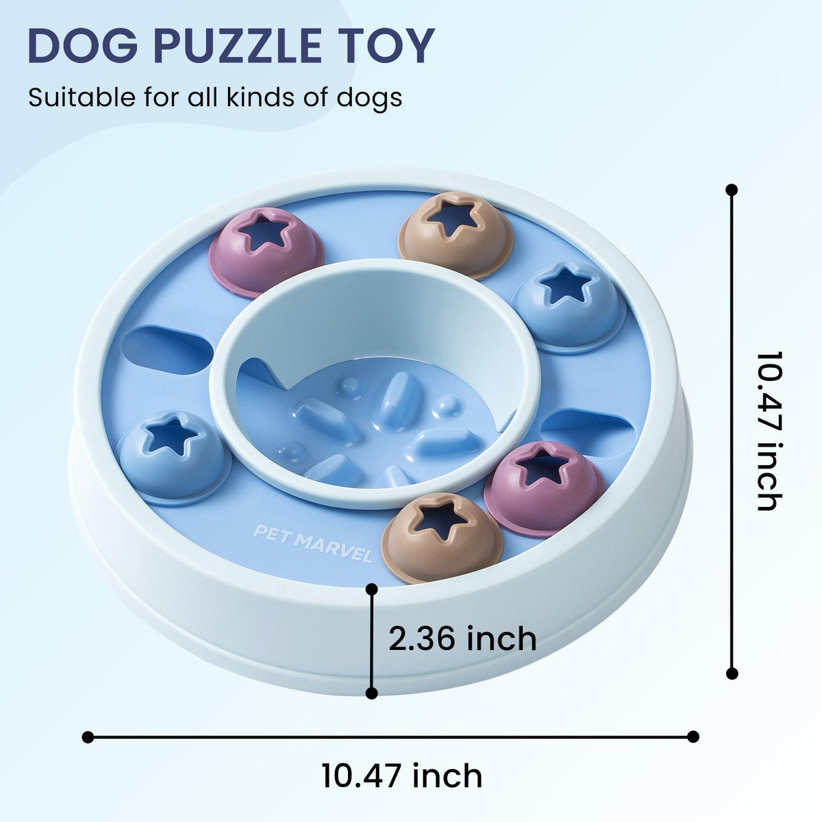 Dog puzzle toy with star-shaped compartments and measurements on a light blue background