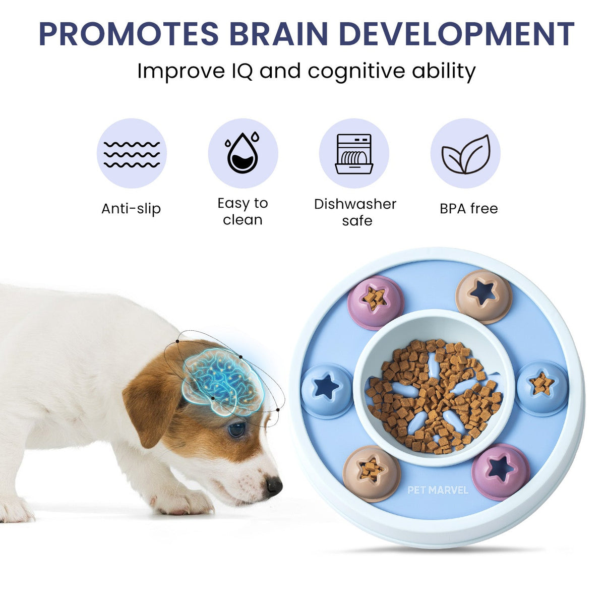 Pet toy with a bowl of kibble, promoting brain development and cognitive ability, on a white background.