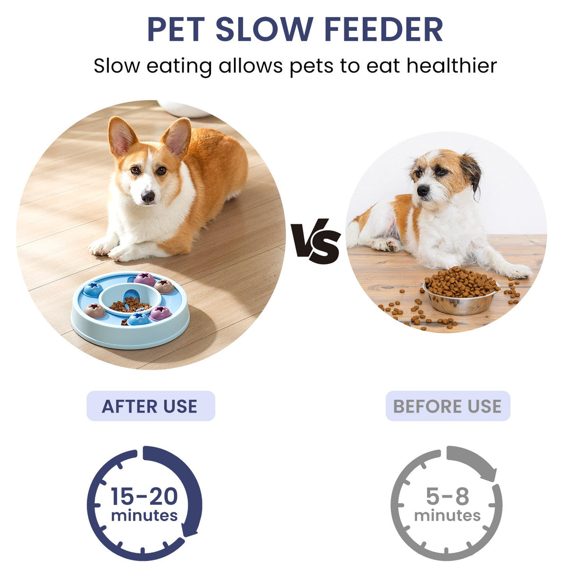 Pet slow feeder comparison showing a dog eating from a slow feeder bowl versus a regular bowl.