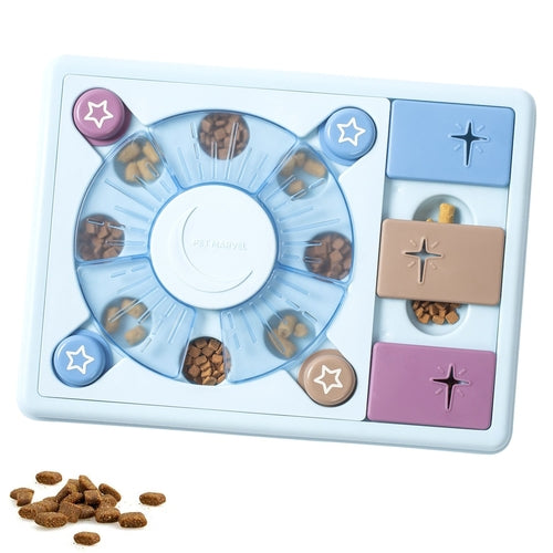 Pet puzzle toy with compartments and treats on a white background