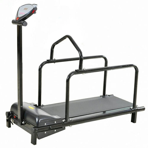 Foldable treadmill with handlebars on a white background