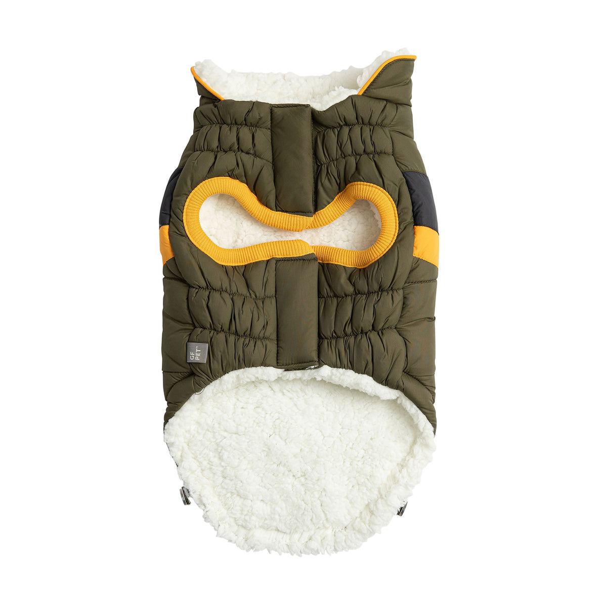 Dog coat with white interior, green exterior, and yellow accents on a white background