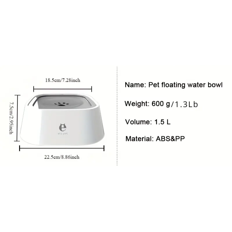 Pet floating water bowl with dimensions, weight, volume, and material information on a white background.