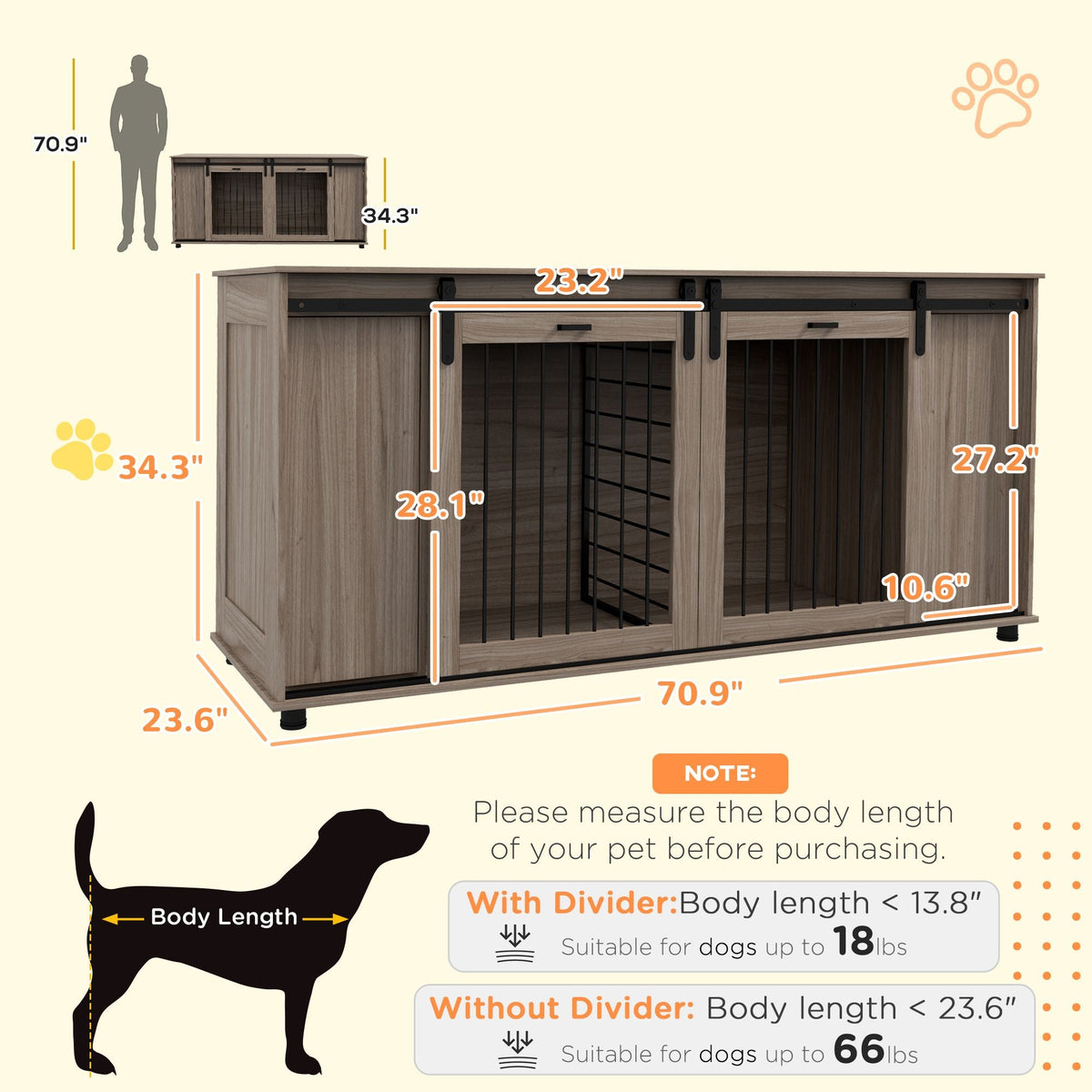 Dog kennel with dimensions and measurements on a beige background