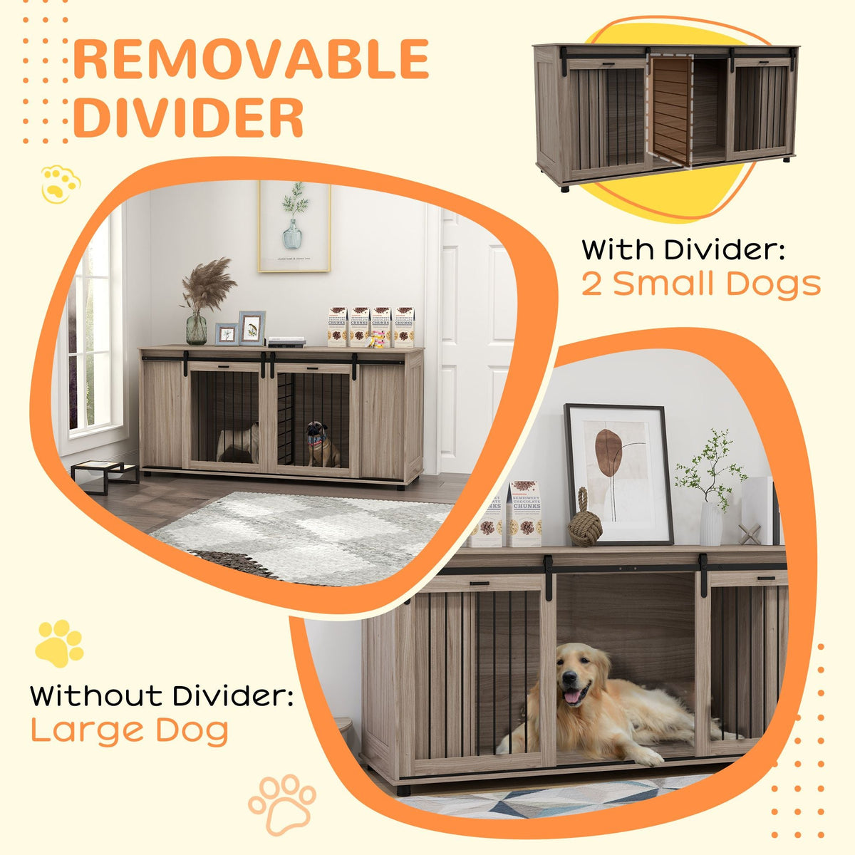 Dog crate with removable divider in a home setting, showing capacity for small and large dogs.