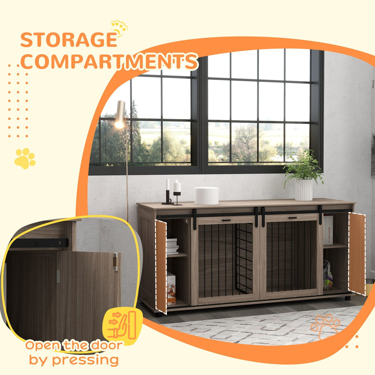 Modern kitchen with wooden storage compartments for pets, featuring a large window.
