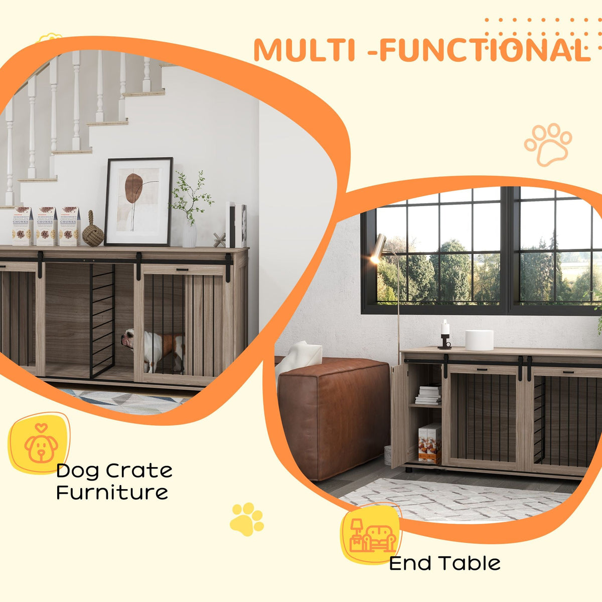 Multi-functional dog crate furniture with end table design in a modern living room setting.