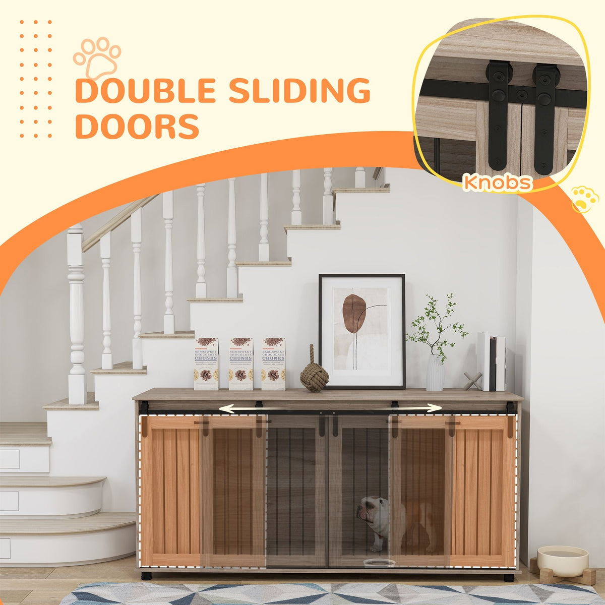 Dog crate with double sliding doors in a home setting, featuring stairs and decor.