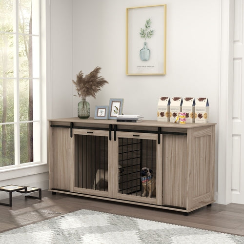 Wooden pet crate with sliding doors in a room with a window and decorative items.