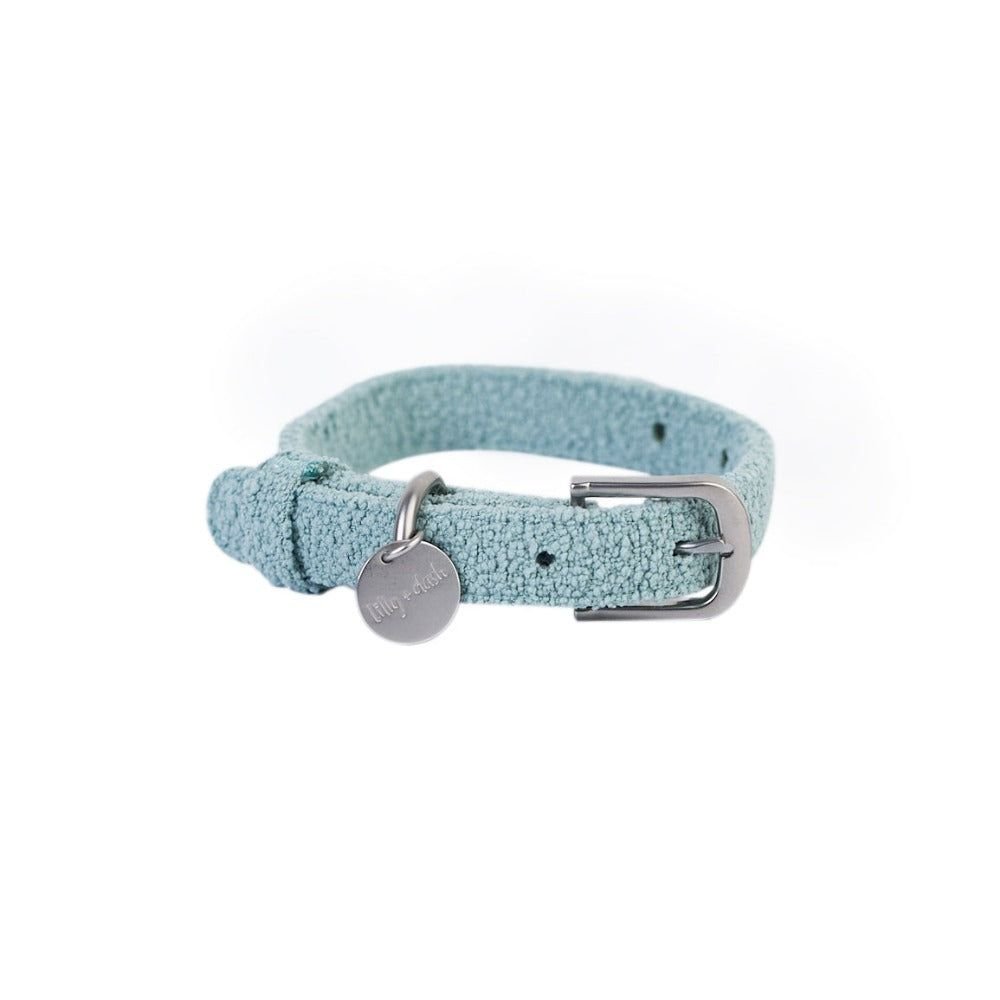 Light blue textured dog collar with a silver buckle and tag on a white background