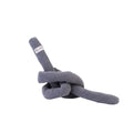 Gray knotted dog toy with a brand label on a white background