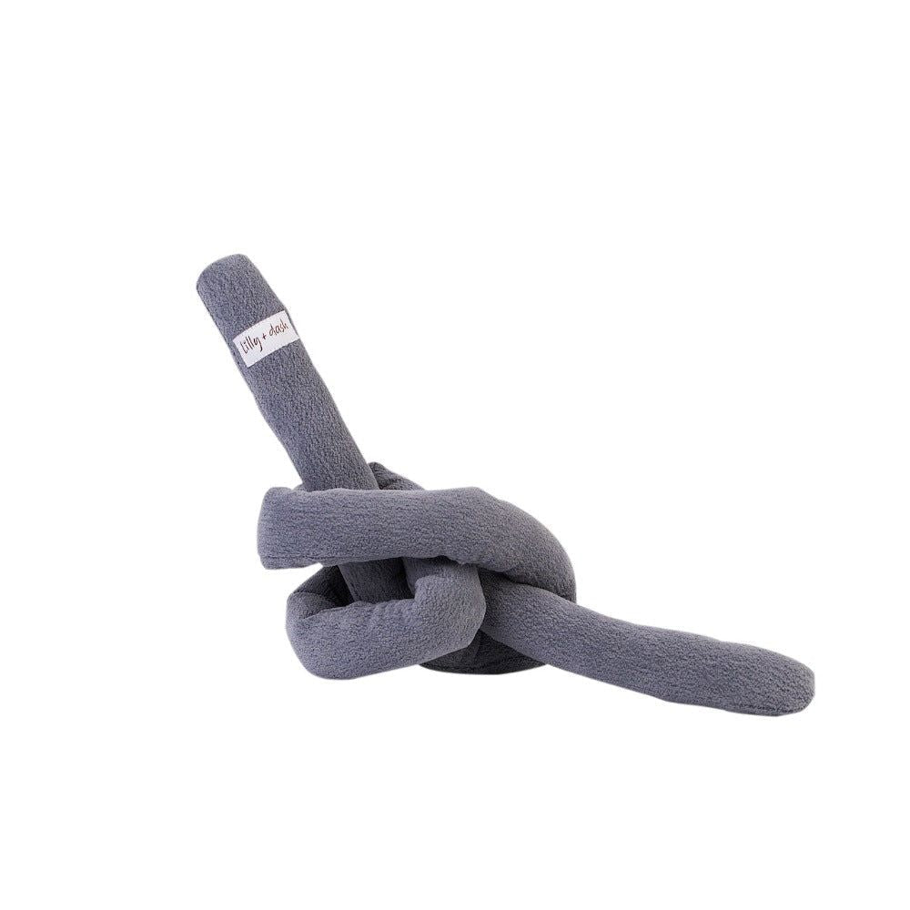 Gray knotted dog toy with a brand label on a white background