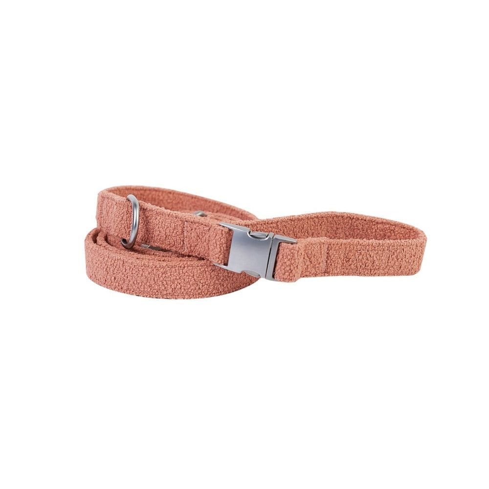 Coral-colored belt with a silver buckle on a white background