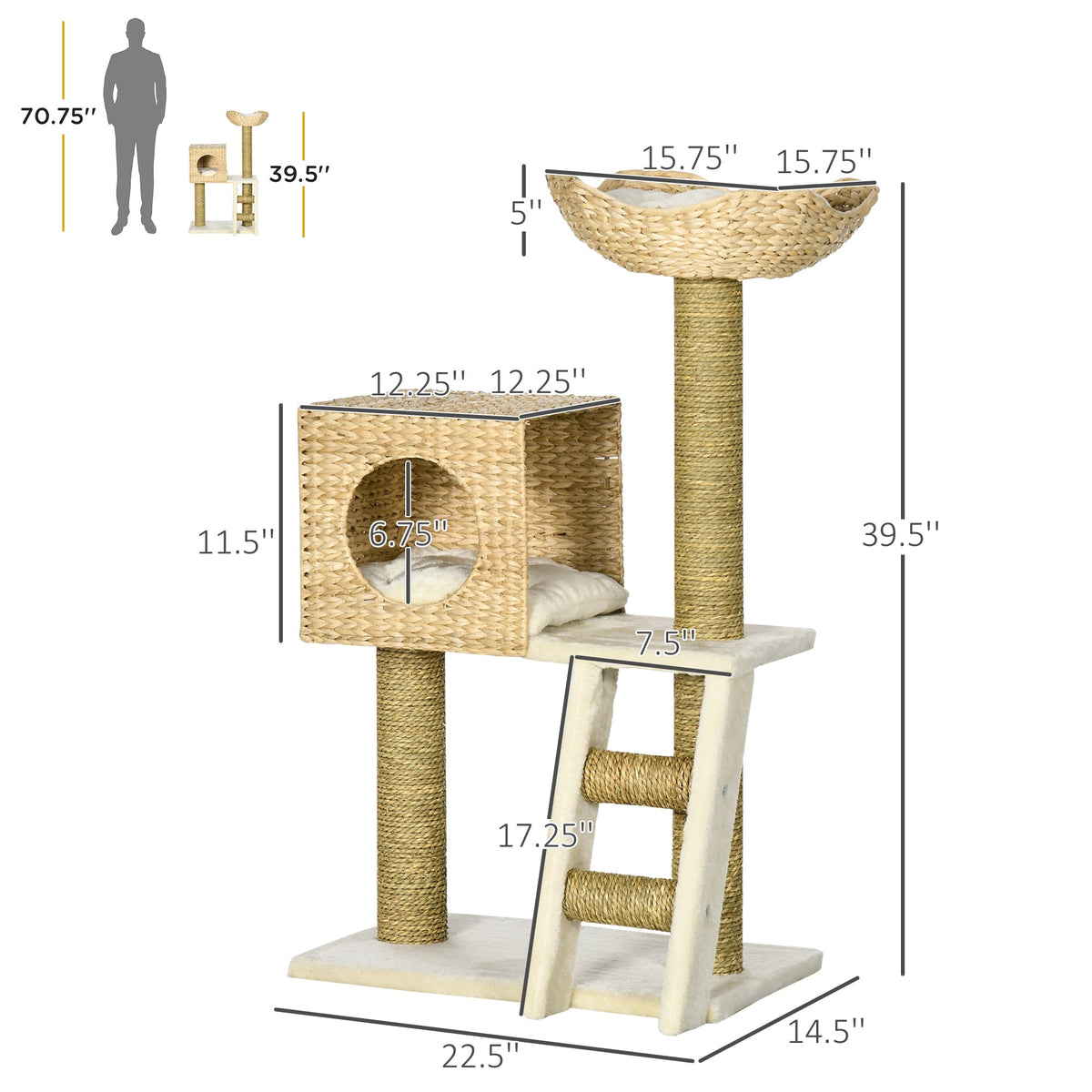 Dimensions of a cat tree with various measurements labeled