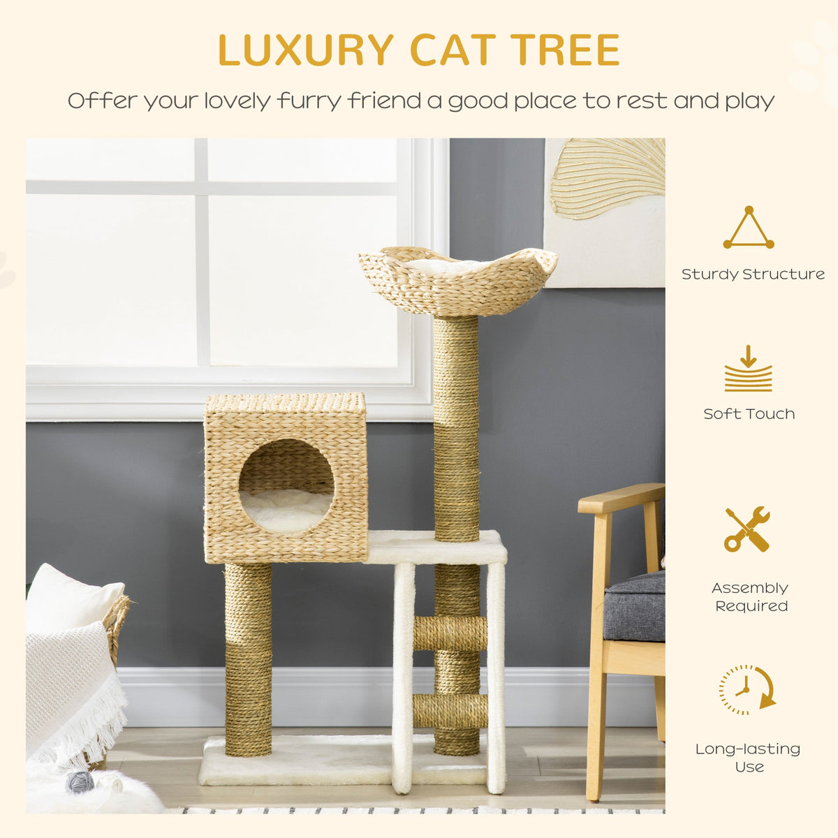 Luxury cat tree with features listed on a neutral background