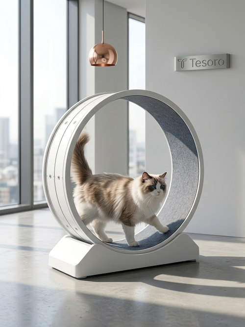 Cat using a modern pet exercise wheel in a bright room with large windows.