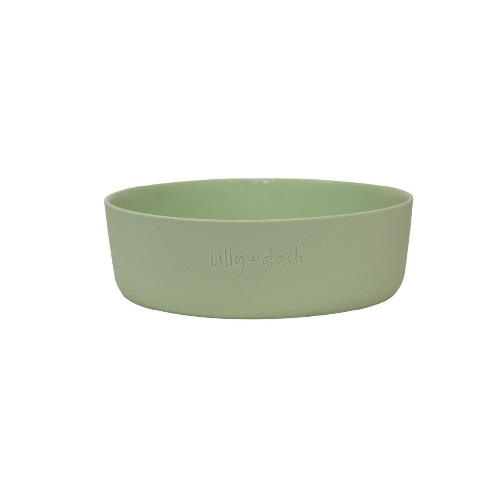 Green bowl with 'lily & dash' branding on a white background