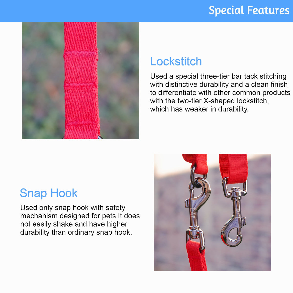 Red dog leash with lockstitch and snap hook features on a white background