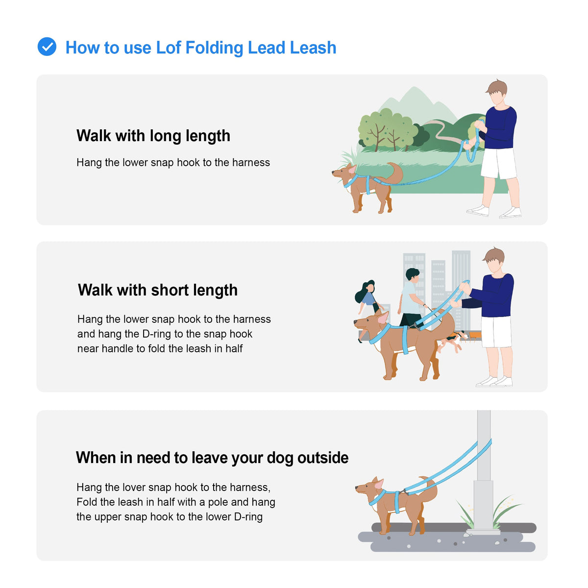 Instructions on how to use a folding lead leash with illustrations of a person walking a dog.