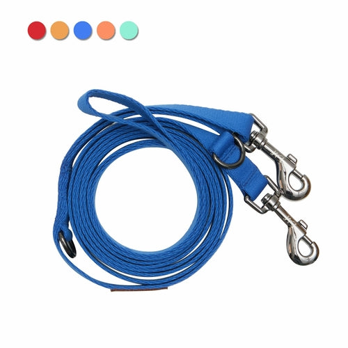 Blue dog leash with metal clip on a white background