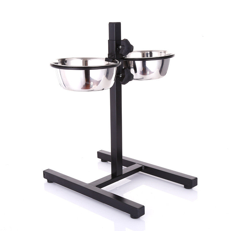Pet feeding station with two elevated bowls on a white background