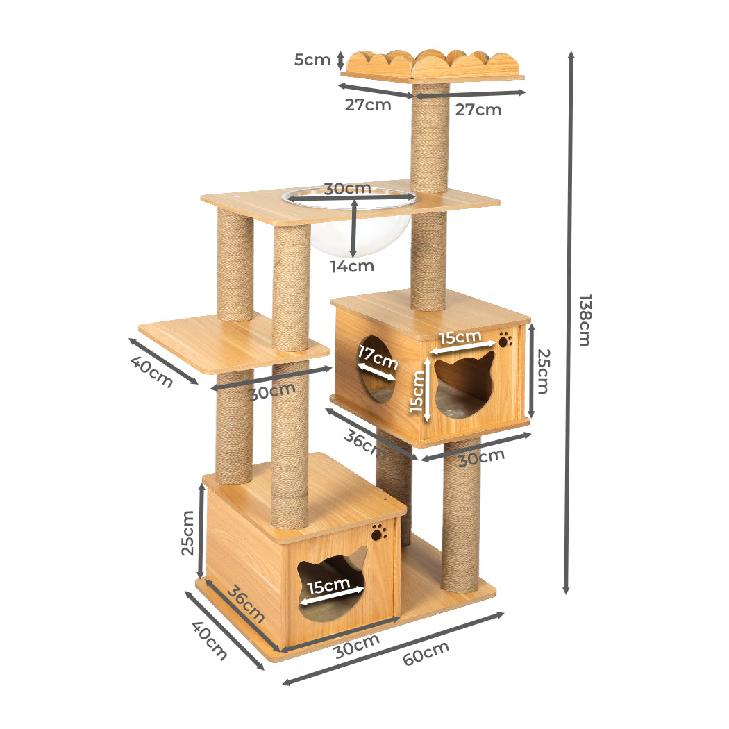 Wooden cat tree with dimensions labeled on a white background