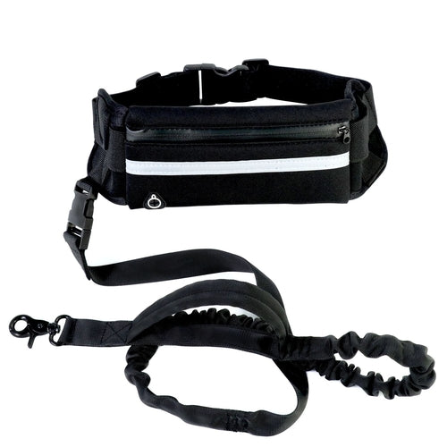 Black waist bag with a reflective white stripe and matching black leash strap, shown on a plain white background.