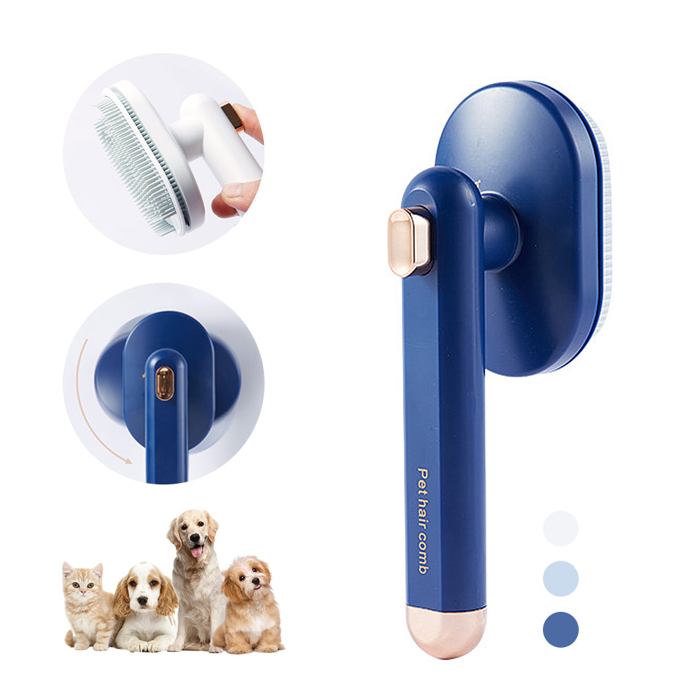 Pet hair comb with blue handle and white bristles, shown with a close-up of bristles and a group of pets.