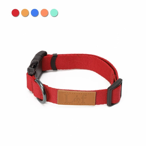 Red dog collar with black hardware and a brown leather patch on a white background