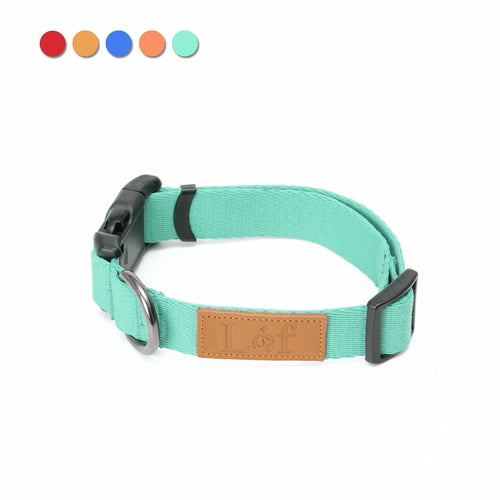 Teal dog collar with black hardware and a brown leather patch on a white background