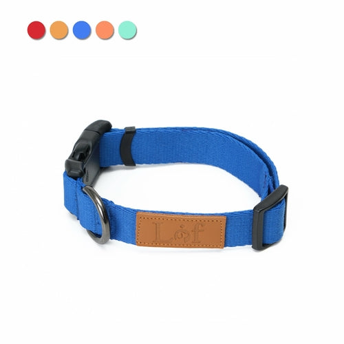 Blue dog collar with brown leather patch and black hardware on a white background